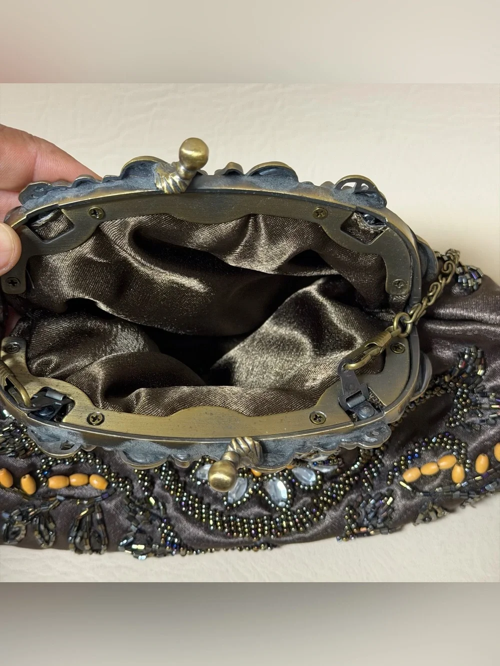 Giftcraft  Beaded Evening Bag Bronze Tone Floral Embellished Clutch Purse